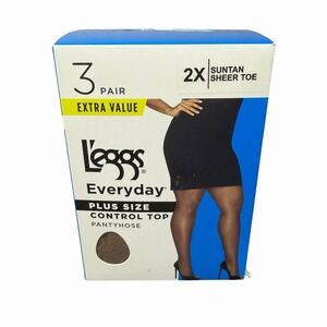 L'eggs Pantyhose Plus Size 2X Suntan Sheer Toe Everyday Control Top 3 Pair NEW